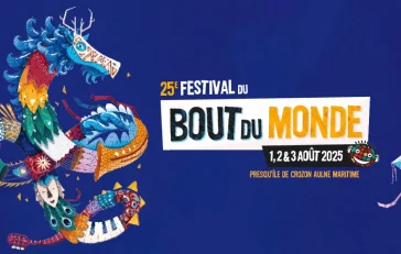 Affiche 2025 du festival de musique du Bout du Monde qui a lieu à Crozon dans le Finistère du 1 au 3 août 2025