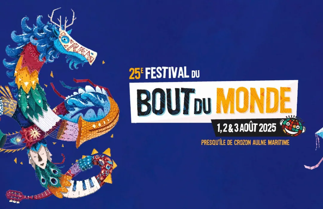 Affiche 2025 du festival de musique du Bout du Monde qui a lieu à Crozon dans le Finistère du 1 au 3 août 2025